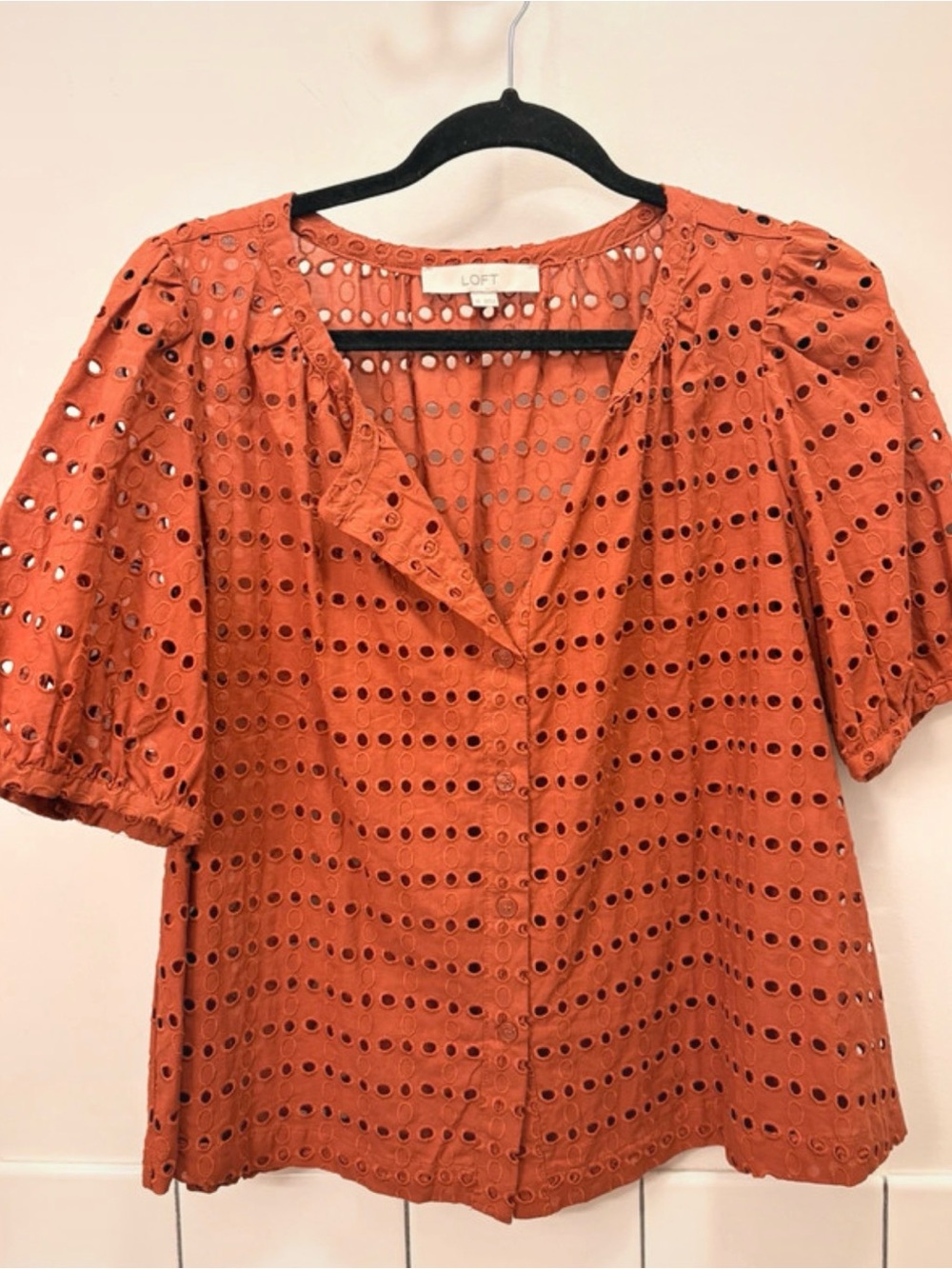 LOFT Women's Eyelet Button-Front Top in Rust Size Medium